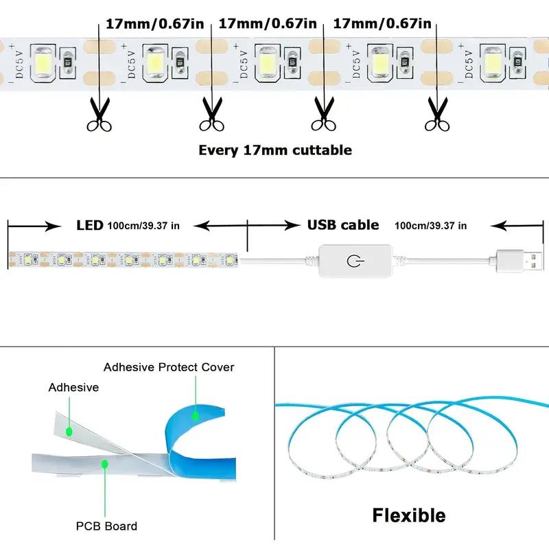 5V LED Lights Strip 2835 Touch Switch Dimmer USB LED Tape Ribbon Flexible DIY Backlight Mirror Christmas Cabinet Room Decor Gift