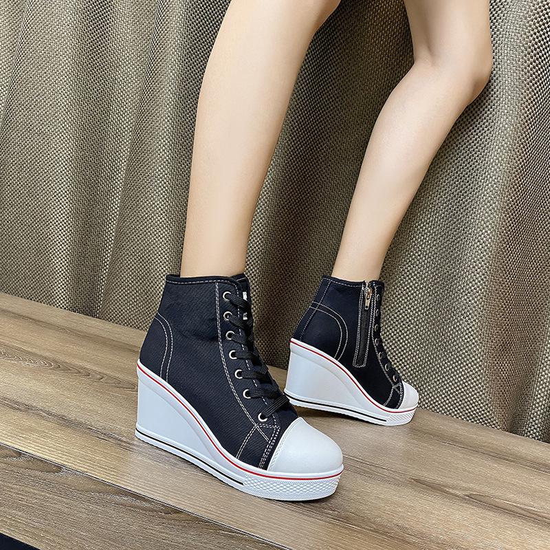 Fashion New High-top Canvas Shoes Slope Heel Height-increasing Casual Shoes, Thick-soled Lace-up Foreign Trade Large-size Women's Shoes