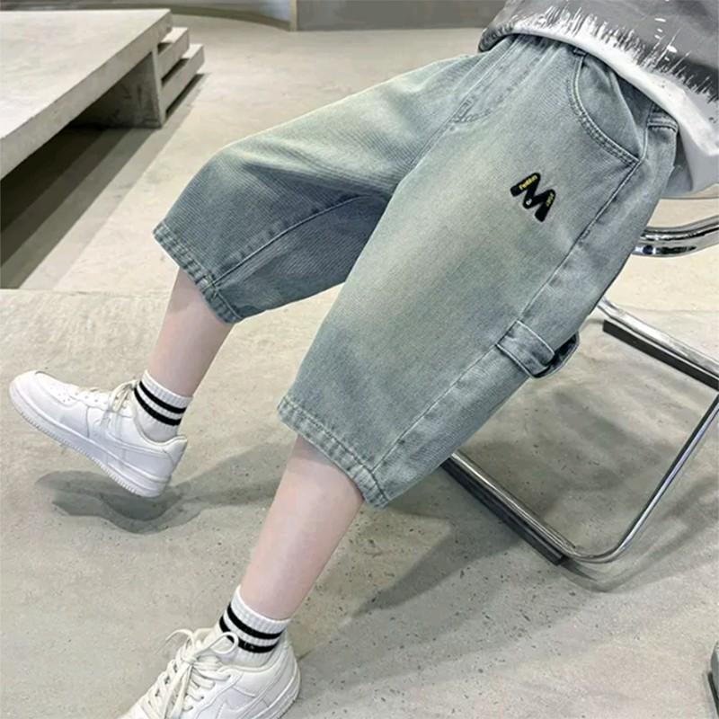 

Summer Teen Boys Shorts Jeans Fashion Letter M Embroidery Short Denim Pants for 4-14 Years Kids Children Trousers 120 синий