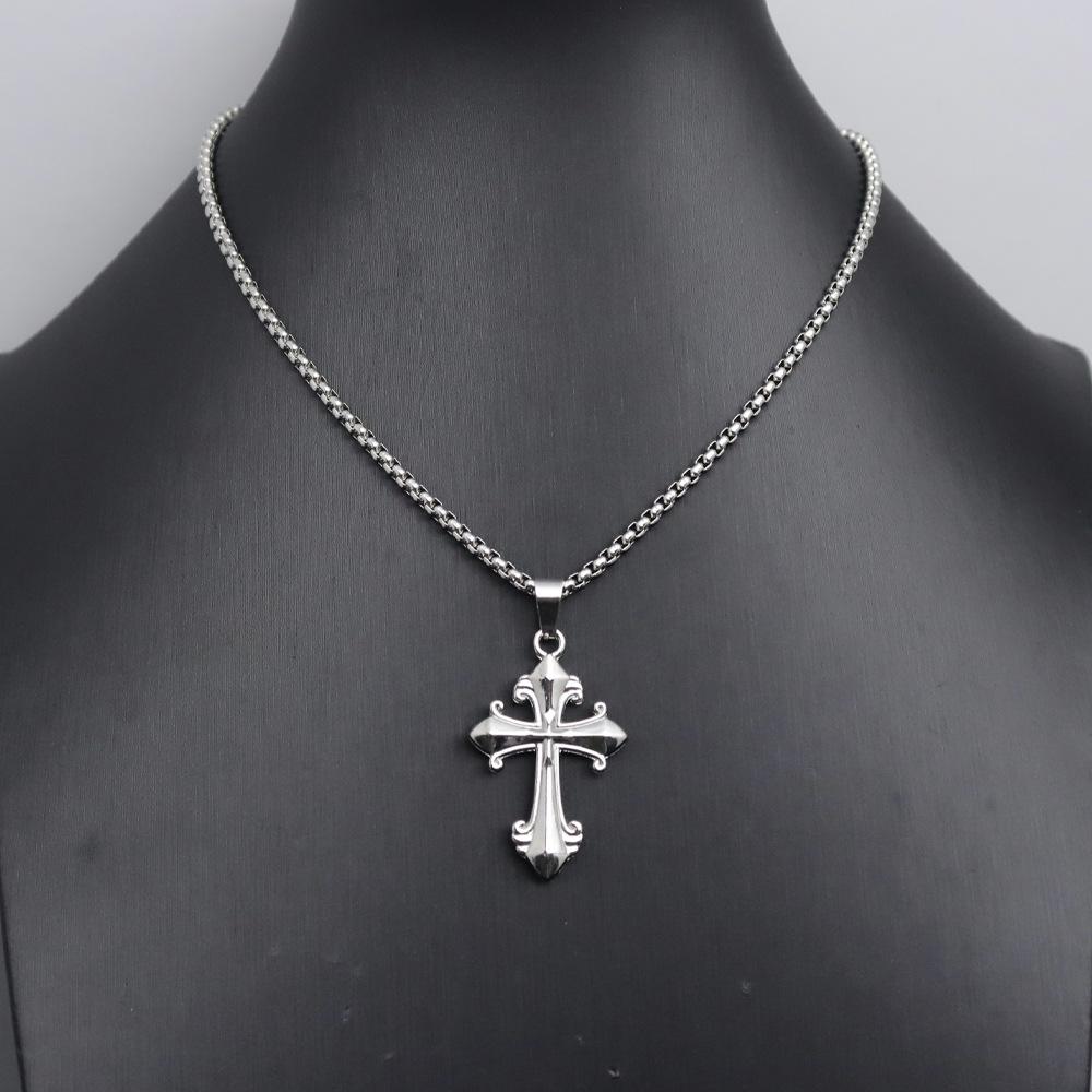 Trendy Stainless Steel Men's Cross Pendant Necklace with Long Sweater Chain