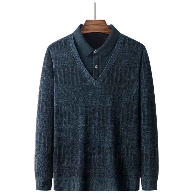 Dad's Winter Warm Chenille Knitwear: Men's Fleece-Lined Two-Piece Sweater with Thick Shirt Collar for Autumn/Winter.