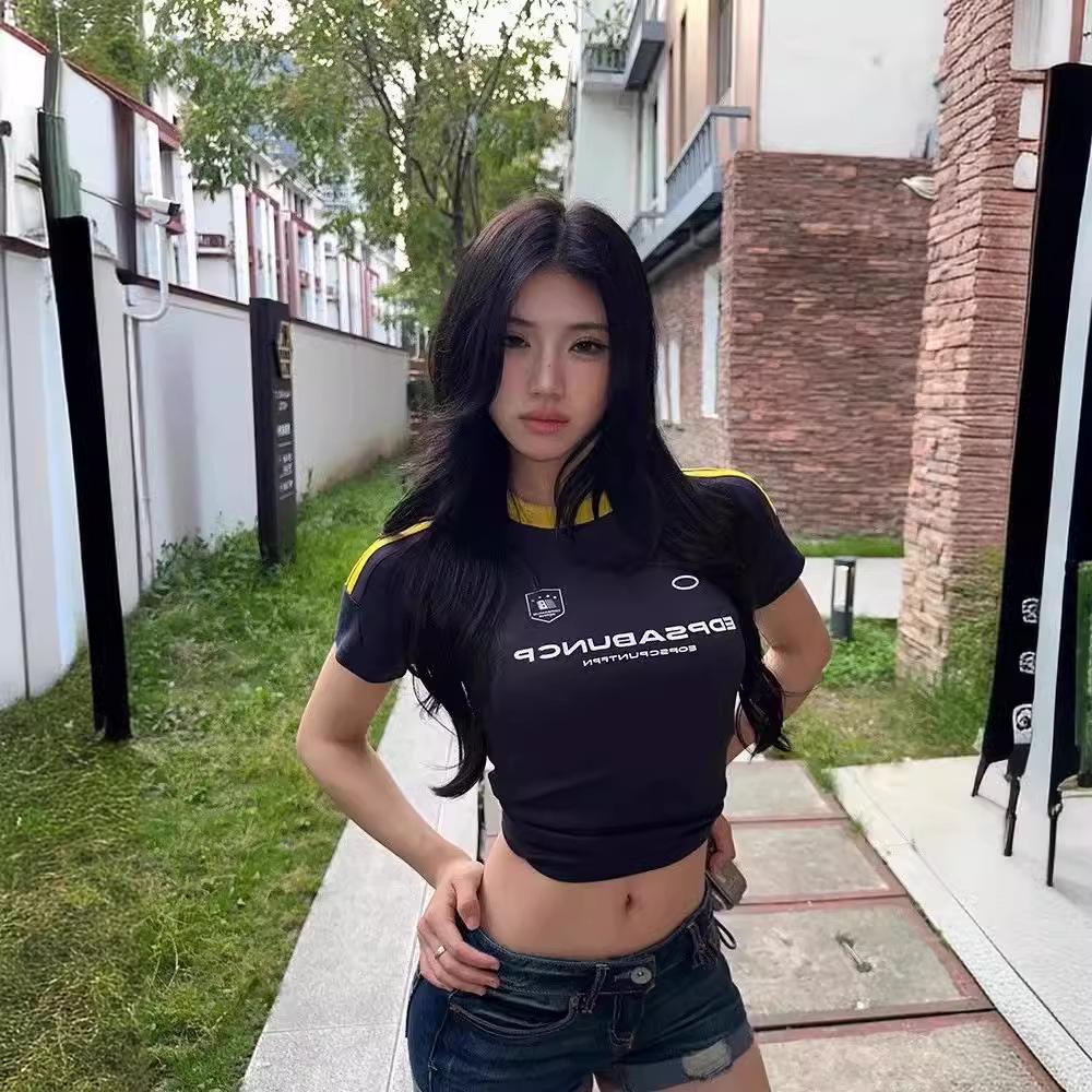 Women's Retro Color Block Raglan T-Shirt - Y2K Slimming Short Sleeve Cropped Top