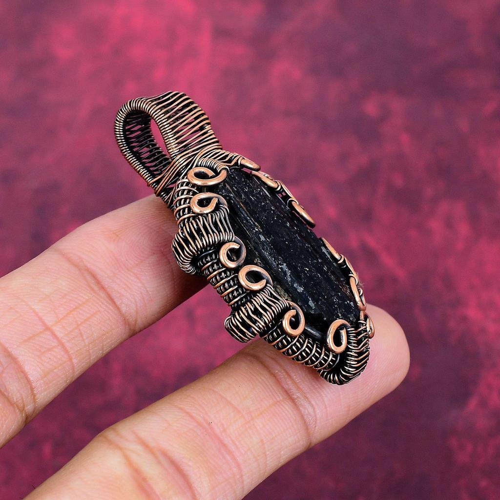 Black Tourmaline Rough Gemstone Pendant Copper Wire Wrapped Handmade Jewelry