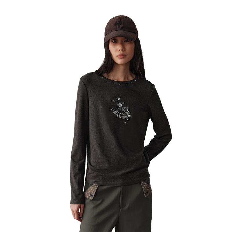 GREEN BELT Women s Lyocell Blend Horse Embroidered Long Sleeve T-Shirt L