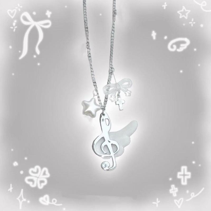 Vintage Angel Wing Music Note Necklace For Girls Sweet And Romance Design Lightweight Alloy Clavicle Chain Jewelry