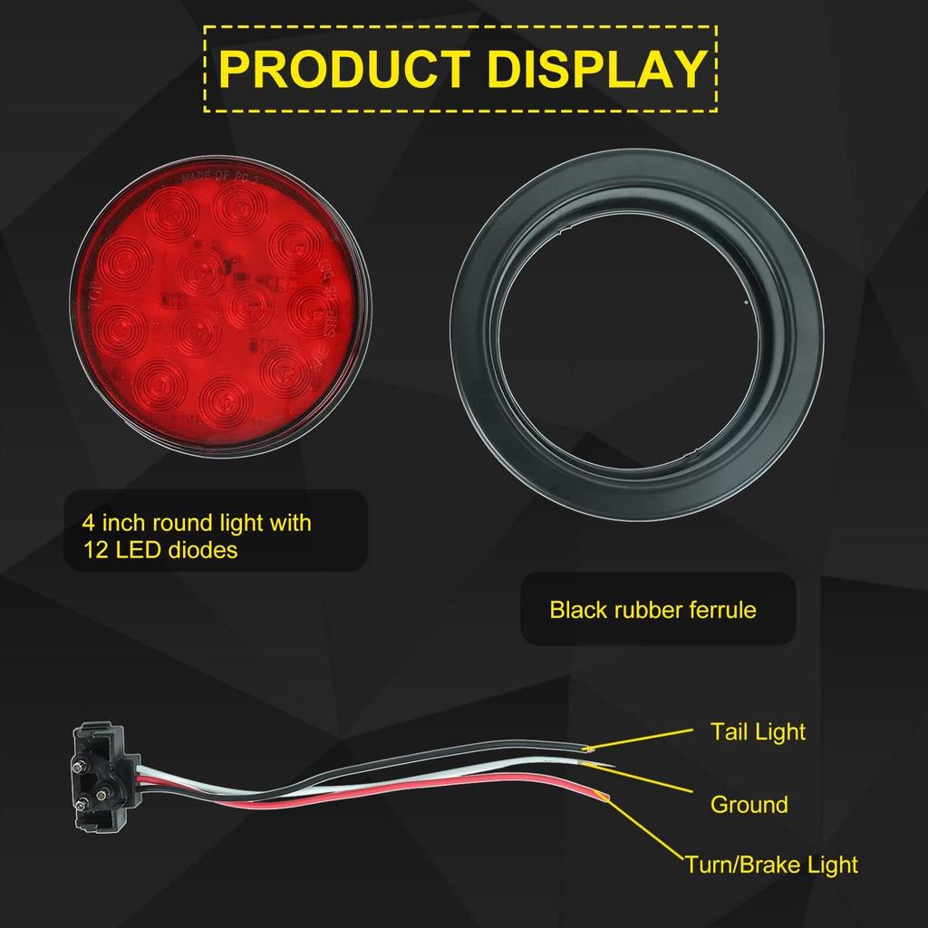 4Pcs 4" Round Red LED Trailer Tail Lights, Grommet Plug 12 LED Waterproof Stop Turn Signal Stop Brake Trailer Lights For Tractor Truck Bus Lorries