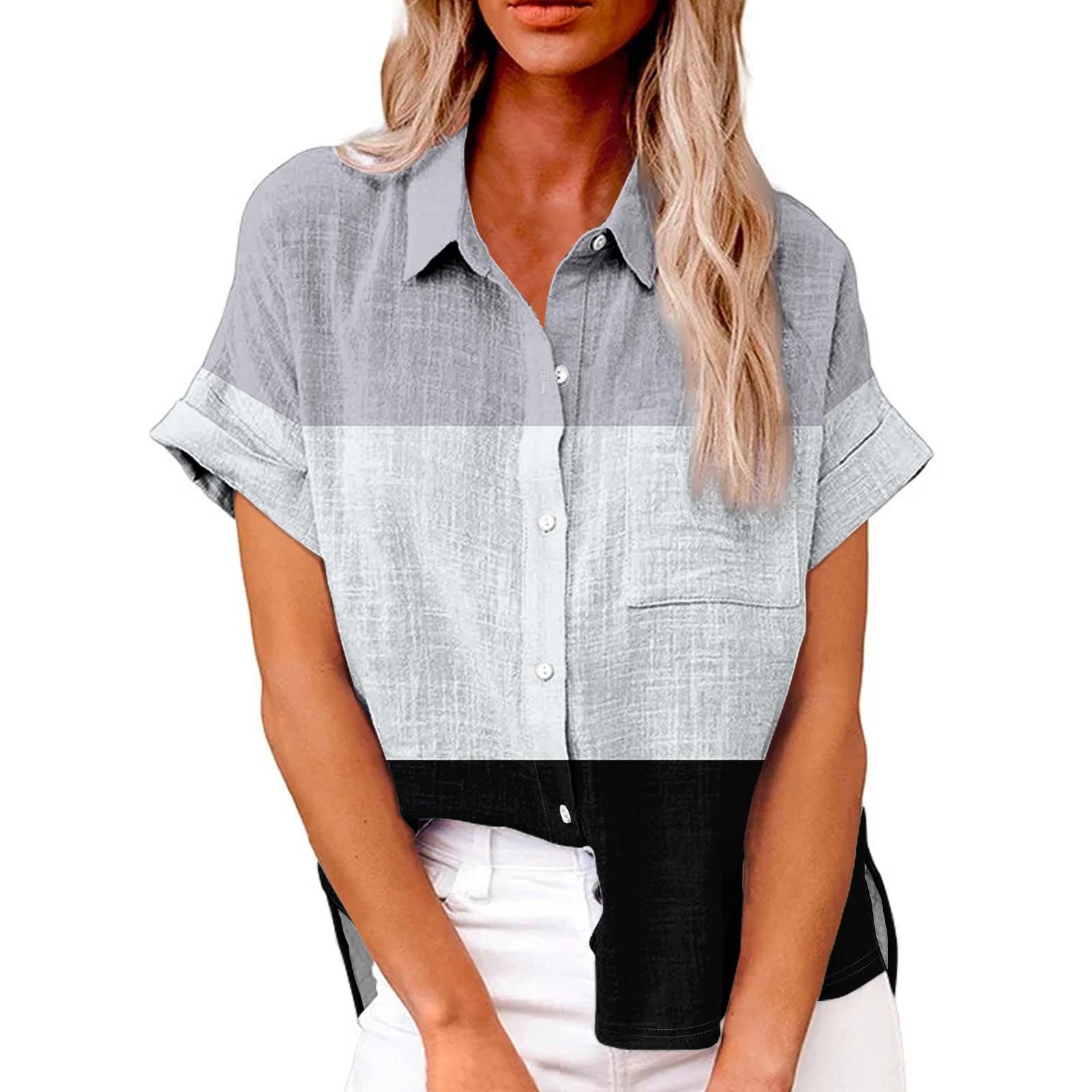 Женская модная свободная повседневная рубашка с короткими рукавами и отворотами — фото 14
