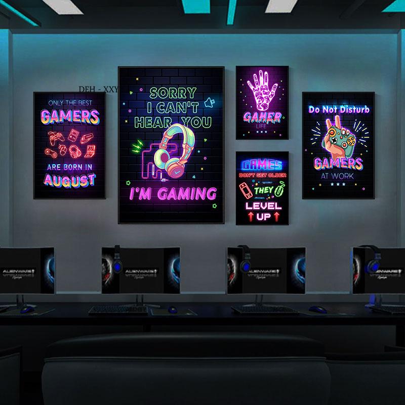 Neon Style Art Retro 80S Gaming Qoutes Posters on The Wall Gamer Gamepad Canvas Painting Boy Game Room Decoration