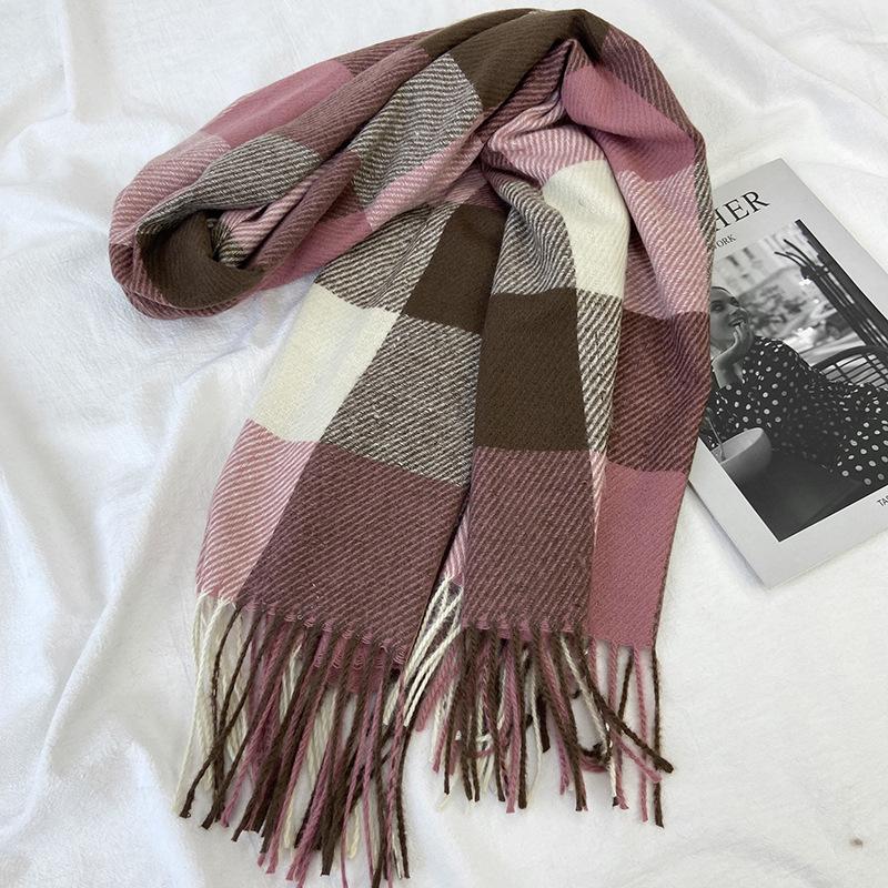 Geometric Plaid Scarf - Windproof Warm Winter Scarf with Fringe Edges, Unisex Elegant Casual Scarf for Women Fall Winter Fashion Accessory