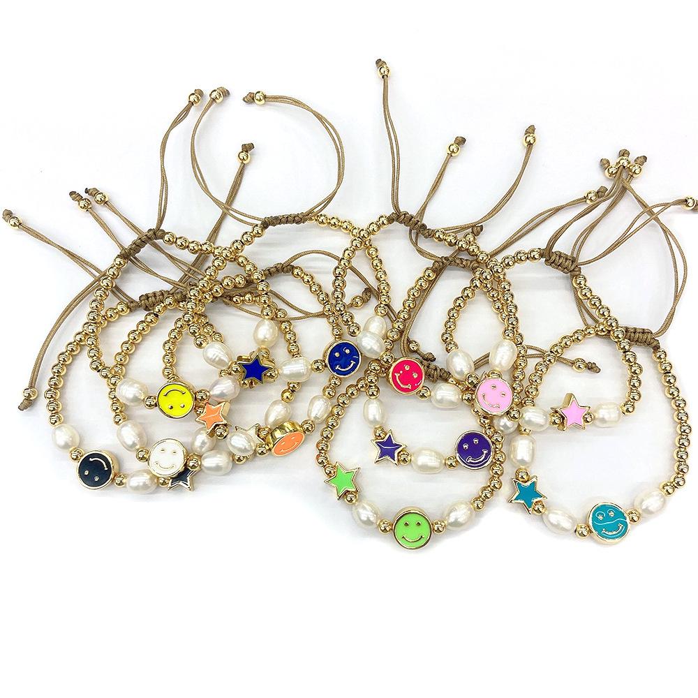 Colorful Drip Oil Smiley Star Beaded Bracelet with Natural Freshwater Pearls