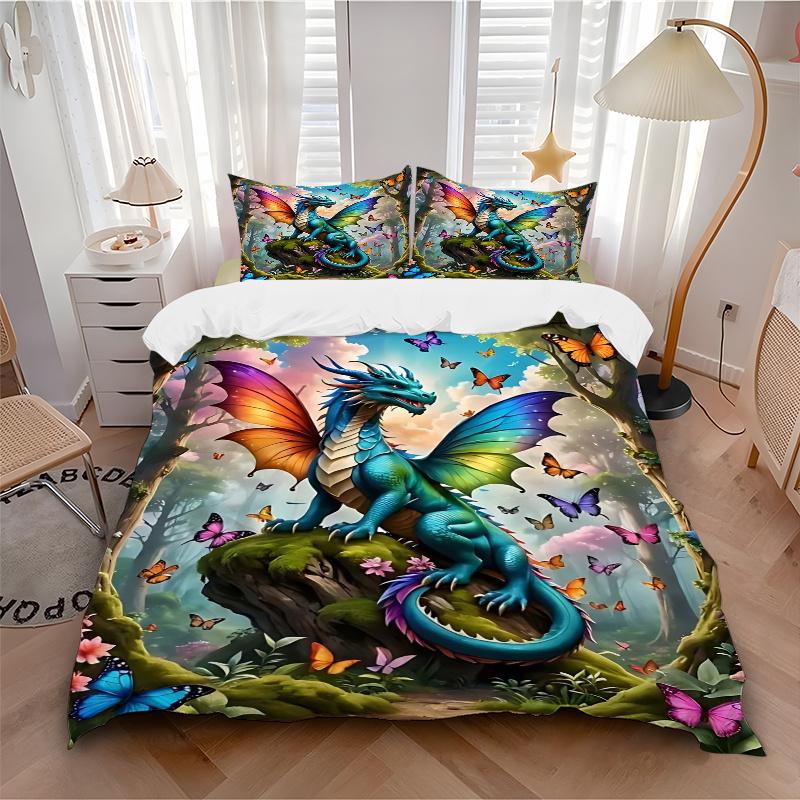 3pcs Butterflies and Dragons Bedding Set, Includes 1 Quilt Cover and 2 Pillowcases, Comfortable Bedding with Stylish Design for Bedroom