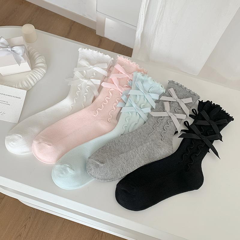 Lolita Kawaii Women Socks Bow Sweet Girls Cute Ruffle Socks Women Japanese Style Solid Color Black White Gray Long Socks Sox