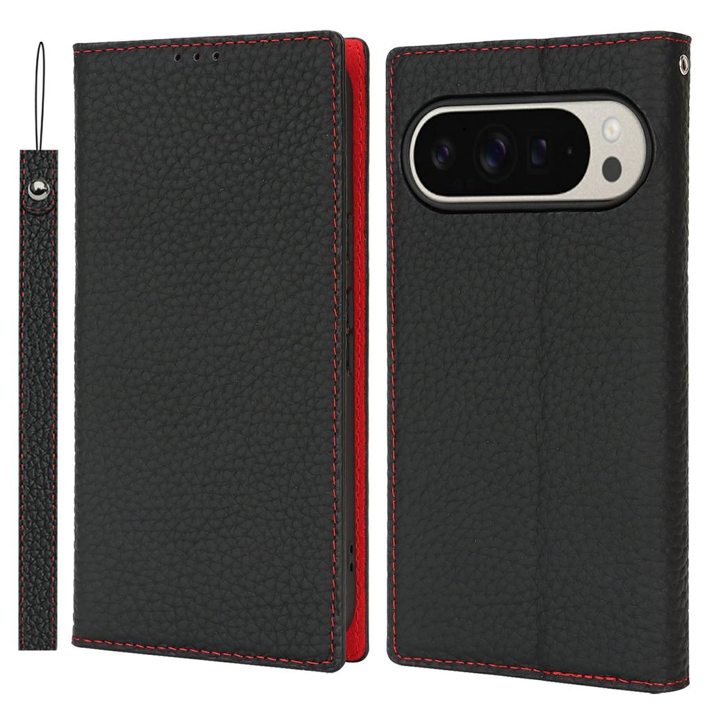 For Google Pixel 10 Pro XL Wallet Case Genuine Cow Leather Phone Cover Litchi Texture