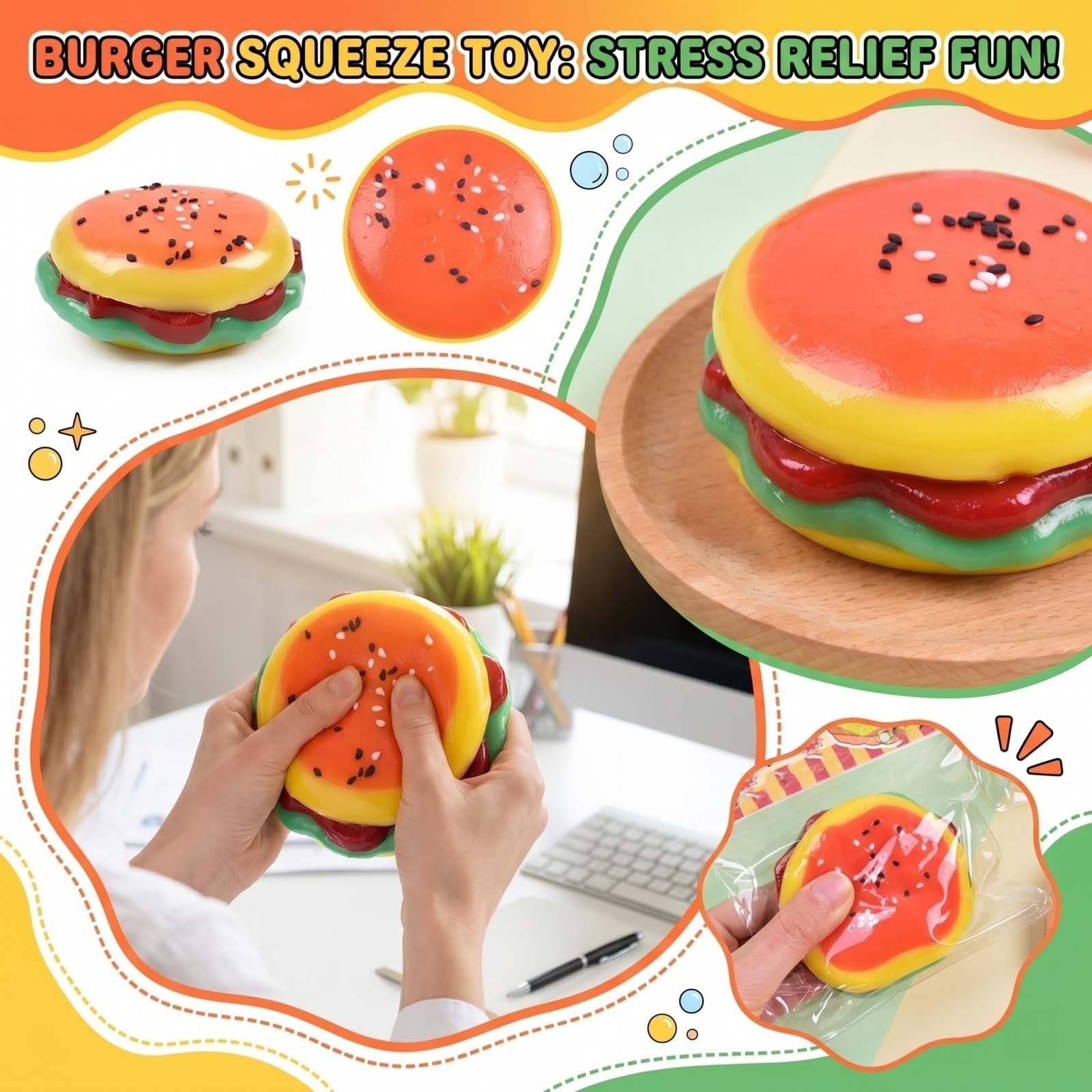 Creative Hamburger Shape Stress Relief Squeeze Toy for Office Desk Hand Exercise and Relaxation for Adults and Kids One Size