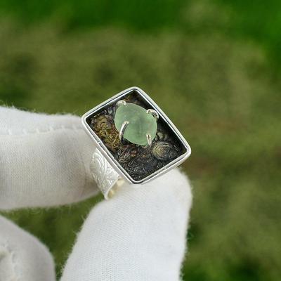 Natürlicher Prehnit Rohstein Solitär Verstellbarer Ring 925 Silber Für Mädchen