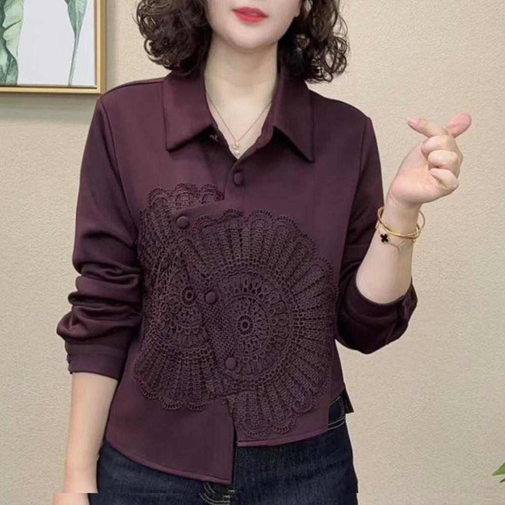 Women's Purple Lapel Embroidered Long Sleeve Shirt - Early Autumn 2026 Design, Slimming Fit