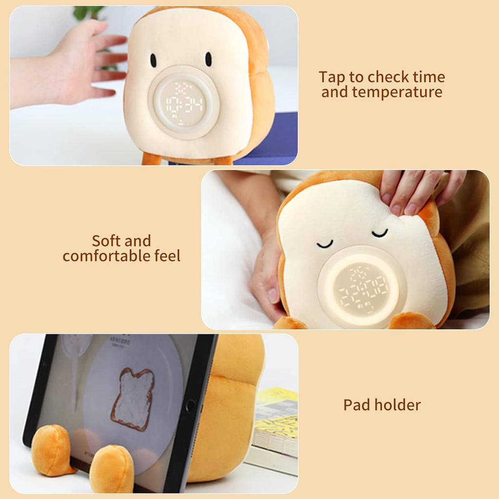 Children's Cute Digital Alarm Clock with Night Light Plush Toast Light Without Ticking for Children's Room,Bedroom, Snooze Function, USB Rechargeable