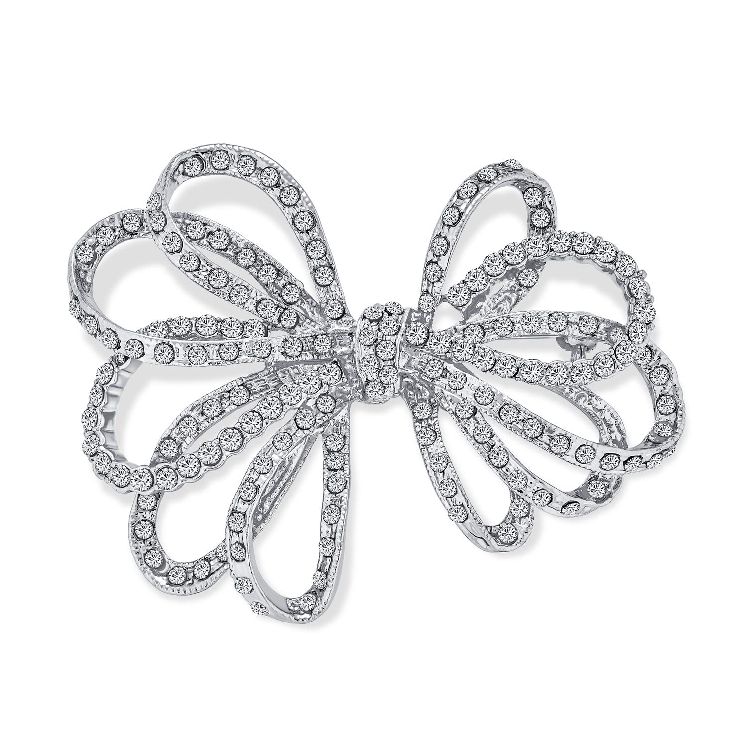 

Large Bridal Holiday Statement Christmas Pave Crystal Wedding Open Bow Ribbon Brooch Pin for Women Silver Tone Rhodium Plated