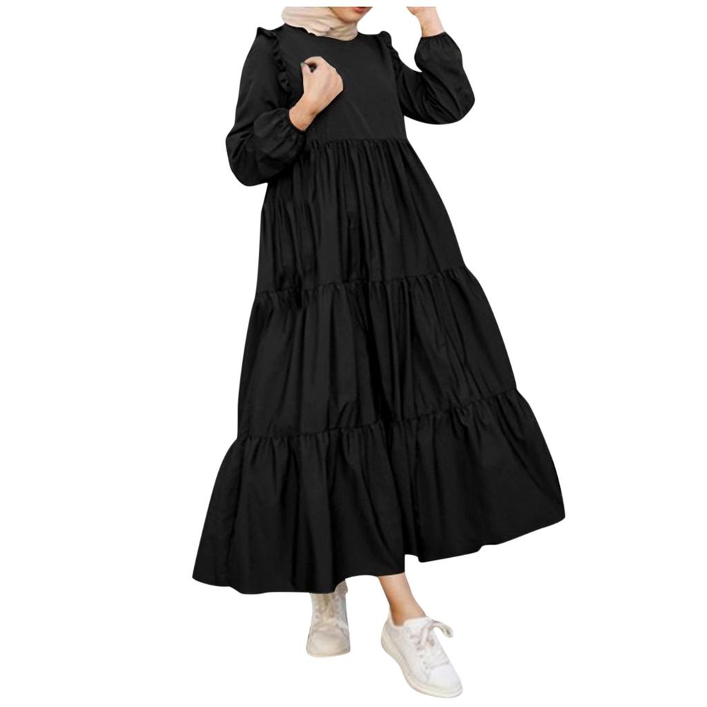 Women's Casual Long Sleeve Round Neck Color Dress Long Dress Robe