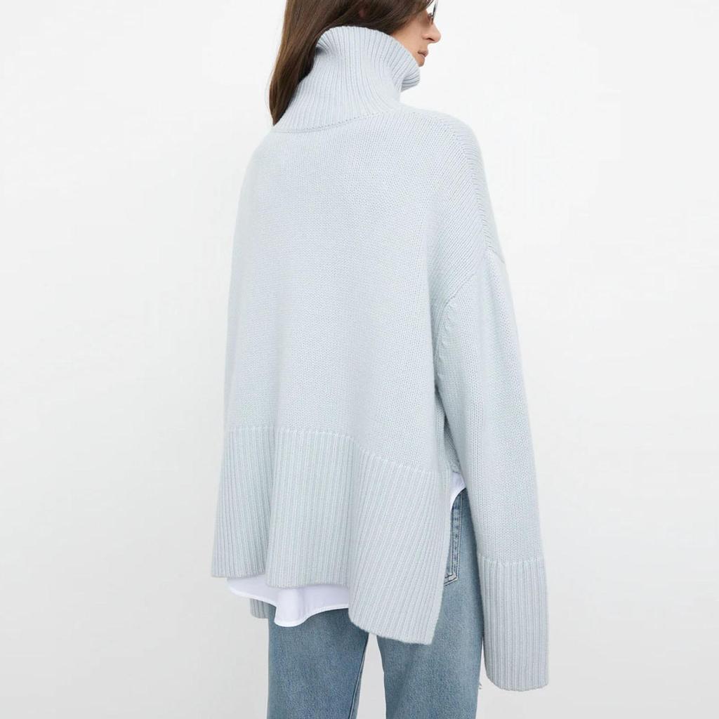 Women Fall Winter Turtleneck Long Sleeve Knit Striped Slit Loose Sweater