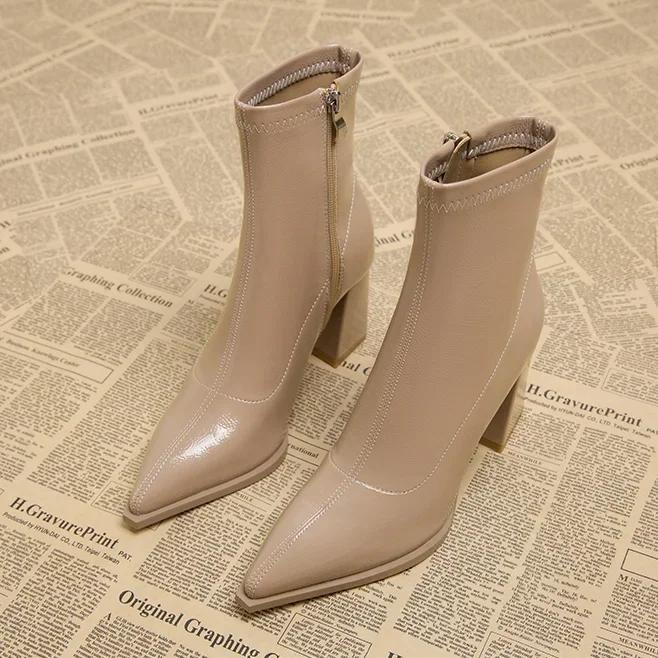Fashion Autumn Womnen's High Heel Ankle Boots New Winter Plus Velvet Pointed Toe Chunky Heel Chelsea Boots for Women Heeled Sheos Dress