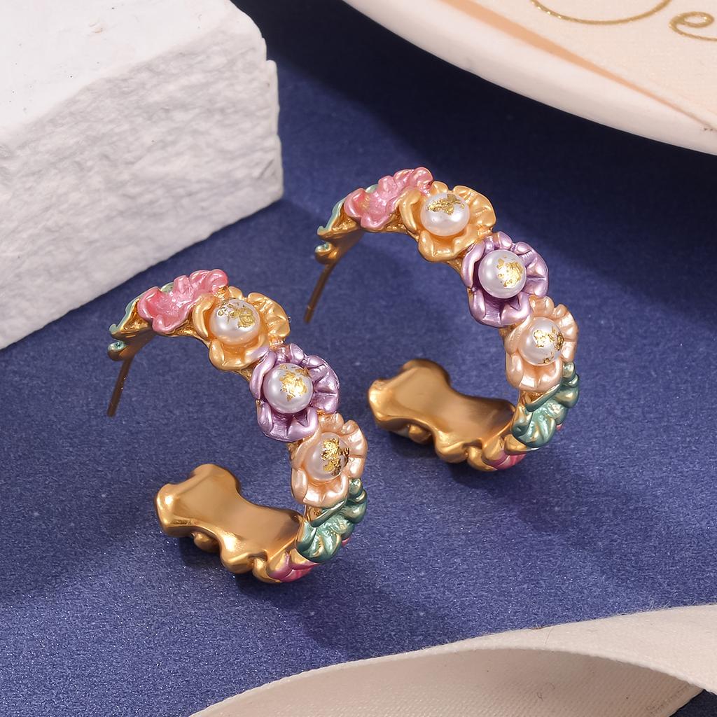 Aesthetic French Retro Enamel Flower Stud Earrings Monet Garden Oil Painting Antique Pearl Oil Dripping Silver Needle Earrings Women