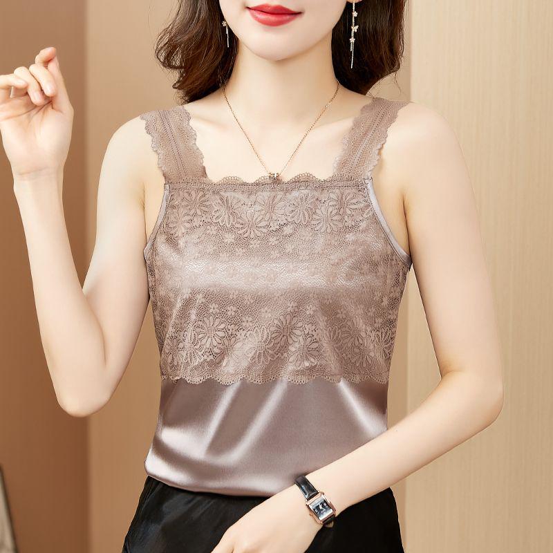 Lace-Trimmed Black Camisole for Women’s Spring/Summer Suits – Chic Sleeveless Acetate Base Layer Top M (90-100 jin)