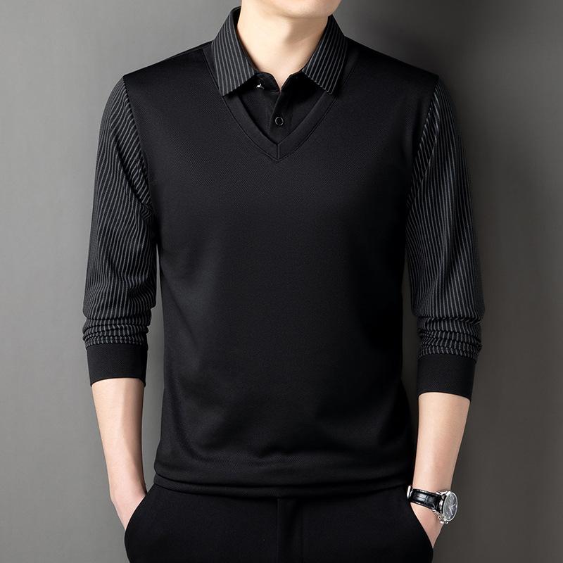Men s Spring Autumn Faux Layered Striped Long Sleeve Casual Base T-shirt M чёрный