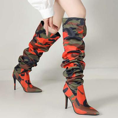 Fabric Camouflage Pattern Autumn Winter Shoes Super Thin High Heels Pleated Boots European Keep Warm Over-the-knee Boots