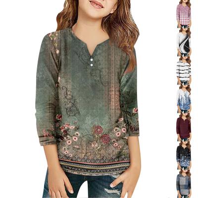 Children's 3/4 Sleeve Tops Casual  Print T Shirt Round Neck Pullover Blouse