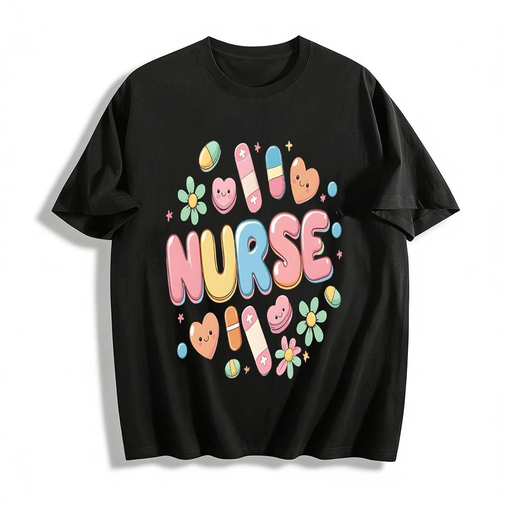 Cute Healing Nurse Themed Print Casual Daily Top Pure cotton T-shirt XXS
