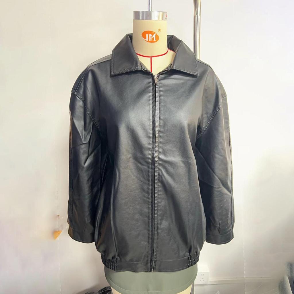 Fall Winter Women Lapel Collar Long Sleeve Slim Fit Zipper Pu Leather Jacket
