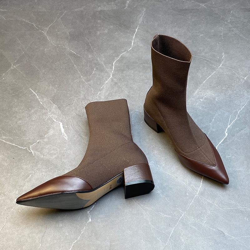Pointed Thick Heel Short Boots Autumn and Winter New Heightening Thickened Warm Chelsea Boots Women