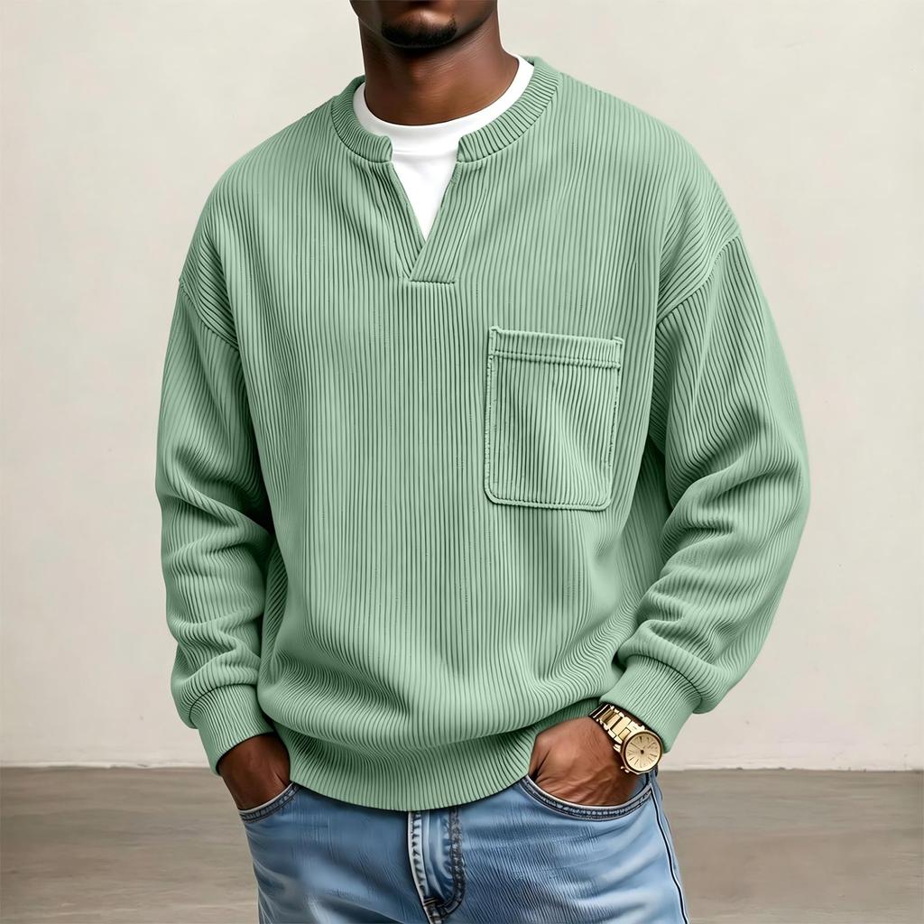 Sweatshirt en velours côtelé à col en V avec poche pour homme, pour un style décontracté de tous les jours