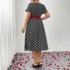 Plus Size Polka Dot Color Block Waisted Knee Length Square Neck Women Summer Dress
