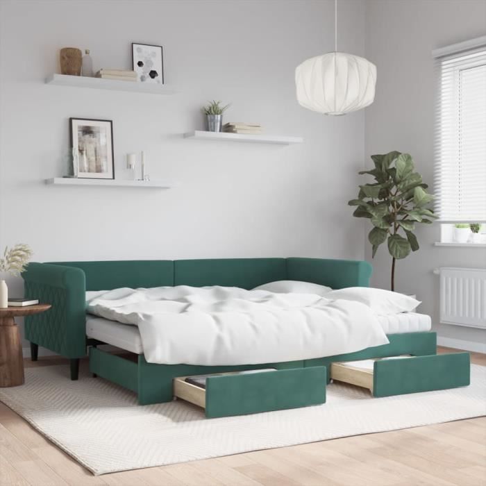 VidaXL Daybed with Trundle and Drawers Dark Green 90x200cm Velvet 3197845