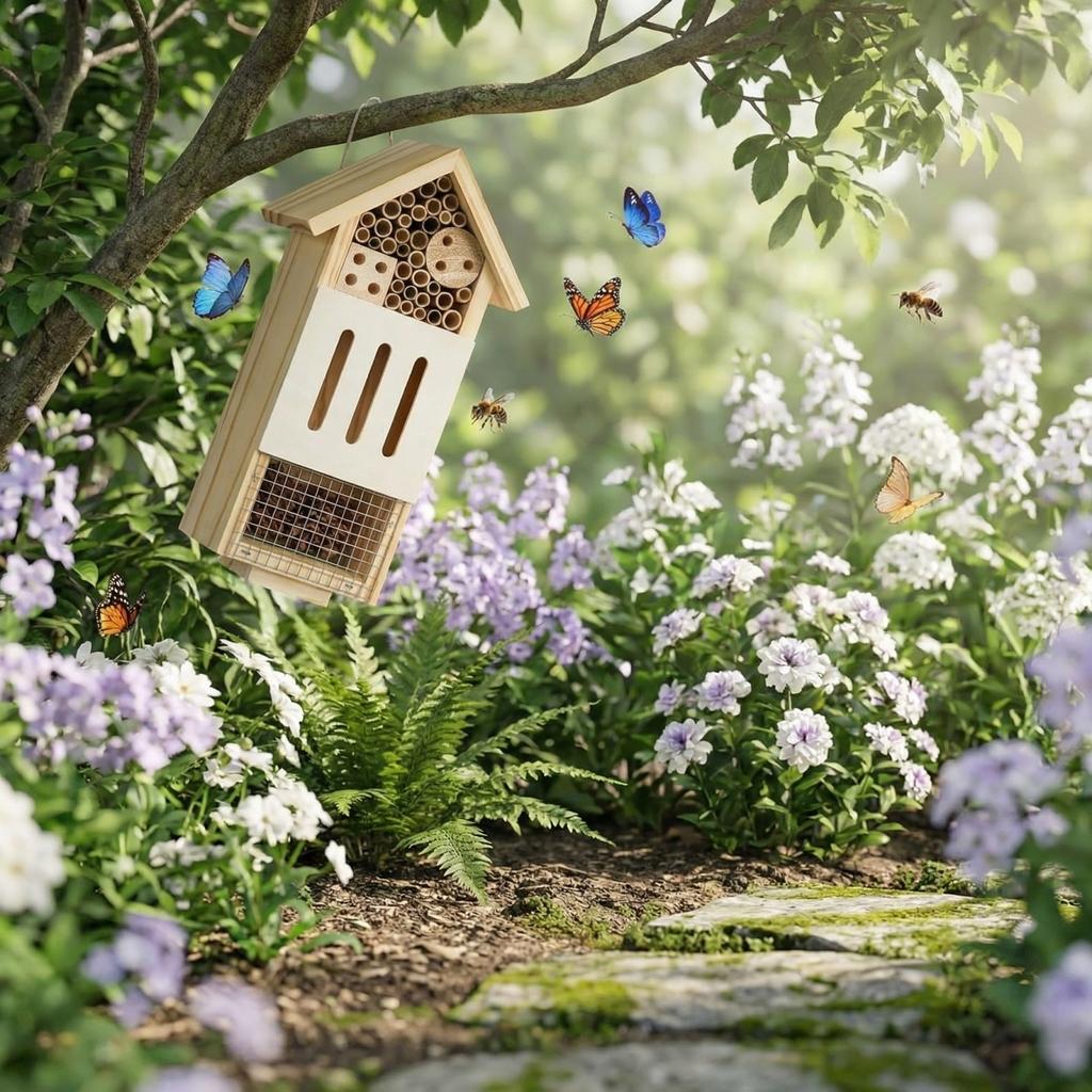 Bee House Hotel & Butterfly House With Stake, Handcrafted Wooden Hotel, Natural Insect Habitat For Garden, Patio, Or Yard, Attracts Pollinators,