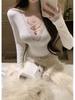 Lace V-Neck Long Sleeve White Slim Fit Waist-Cinched Women's Winter Shirt