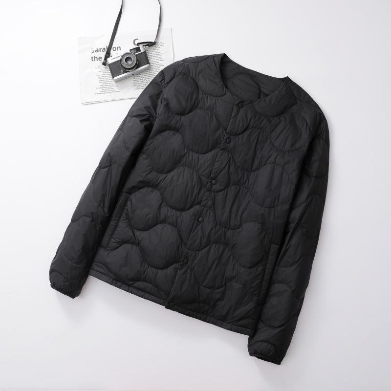 Jachetă de puf ușoară pentru bărbați, cu gât rotund - Caldă, Portabilă, Croială largă, Bluza cu gât în V, Îmbrăcăminte exterioară cu mânecă lungă pentru toamnă și iarnă
