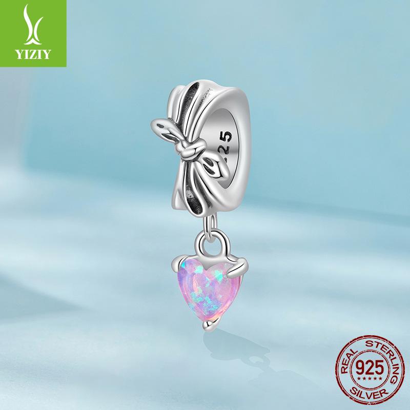 Pink Opal Bow Diy Pendant, Sweet Dream S925 Sterling Silver Love Beads
