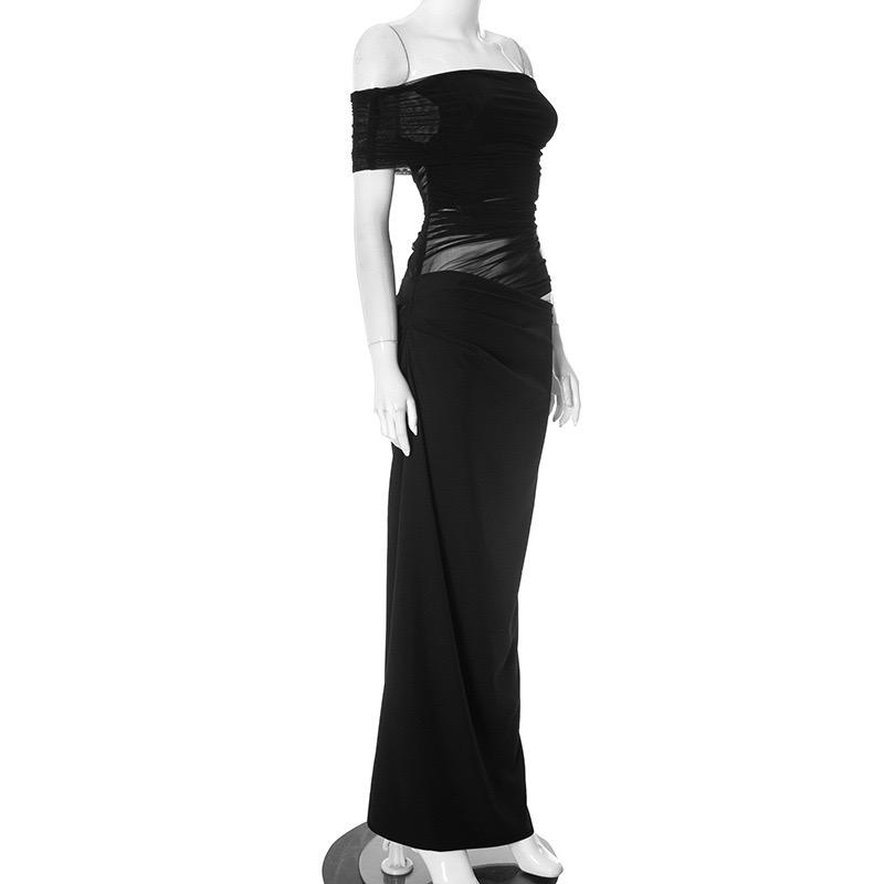 Ruched Irregular Dress Women Mesh Patchwork Slash Neck Short Sleeve Skinny Stretch Trend Elegant Long Bodycon Outfits