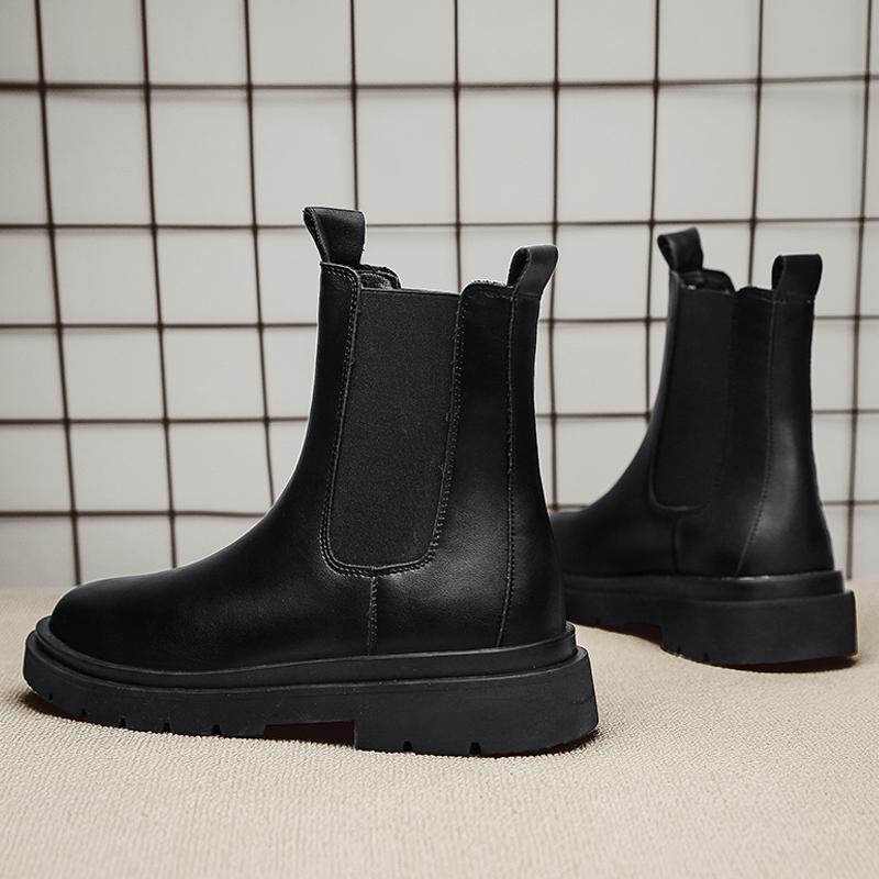 Fashion Chelsea Boots Men's Casual Leather Biker Boot High Top Slip-on Popular Trendy All-match Street Fashion Waterproof Anti-wear Shoe