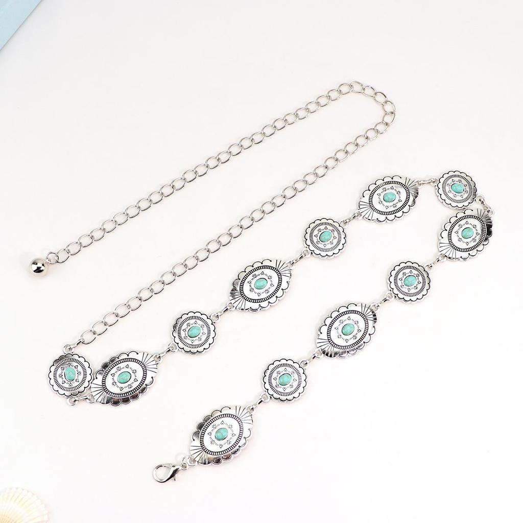 Vintage Turquoise Carved Belt Chain: Fashionable Metal Waist Accessory for Dresses