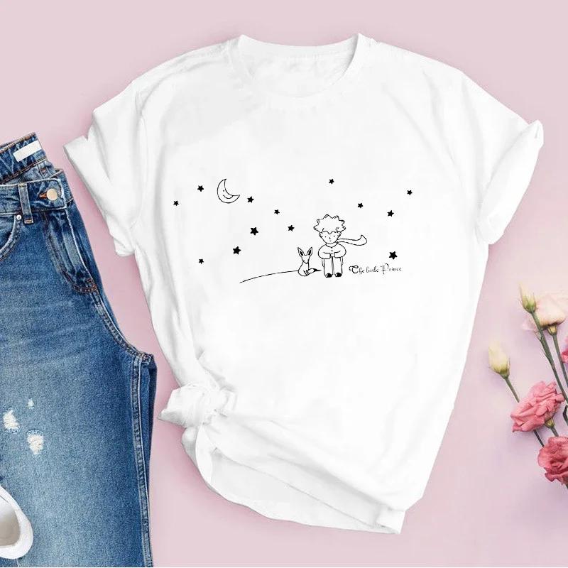 

Новая Мода Футболка Женская с Принтом Маленького Принца Повседневная Модная Футболка Летняя Повседневная Футболка Круглый Вырез 4XL