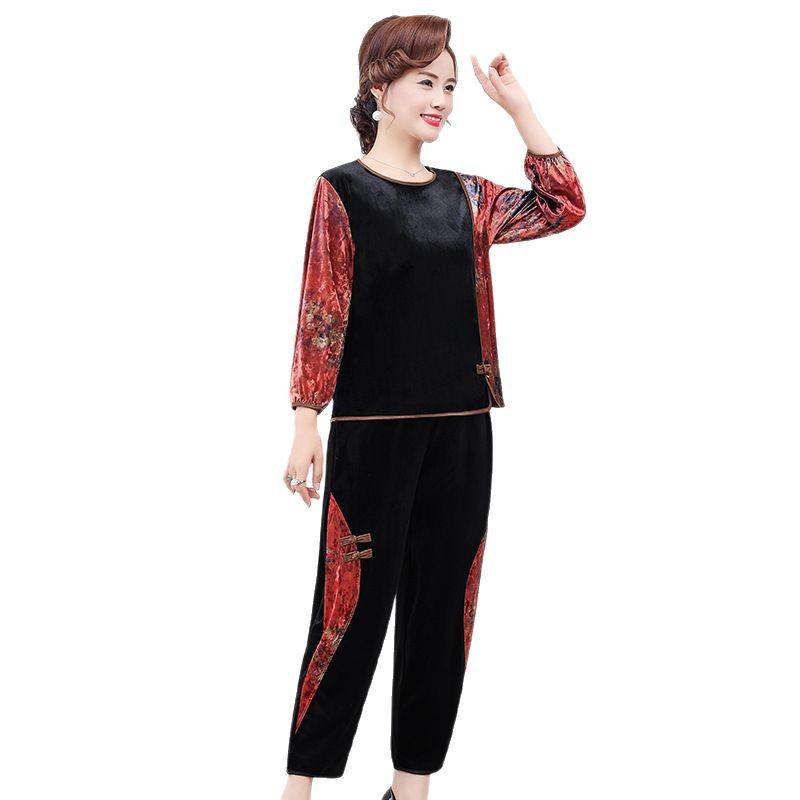 Costum elegant de catifea: Set de primăvară din două piese în stil etnic pentru femei de vârstă mijlocie – Design subțire pentru mărime plus