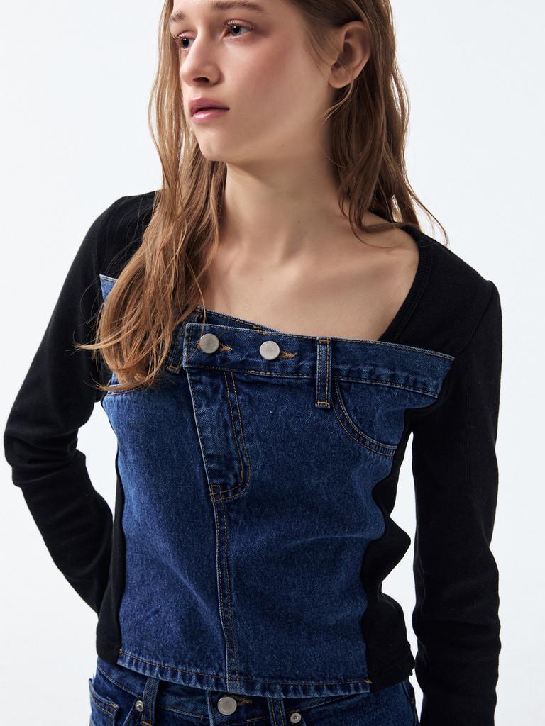 RENNESMIA Denim Patch Detail Top_Black