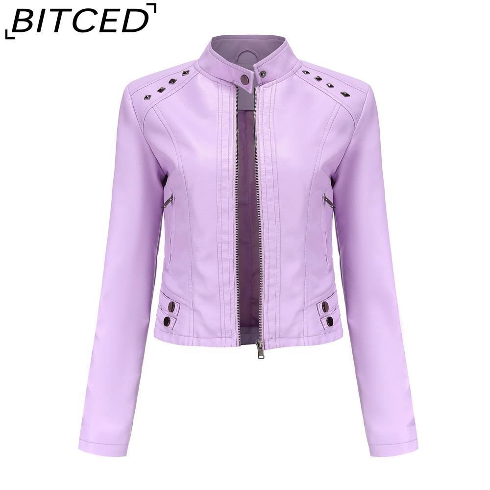 BITCED Women's Studded Leather Jacket Spring/Autumn Long-Sleeved Stand-Collar Fashion Jacket