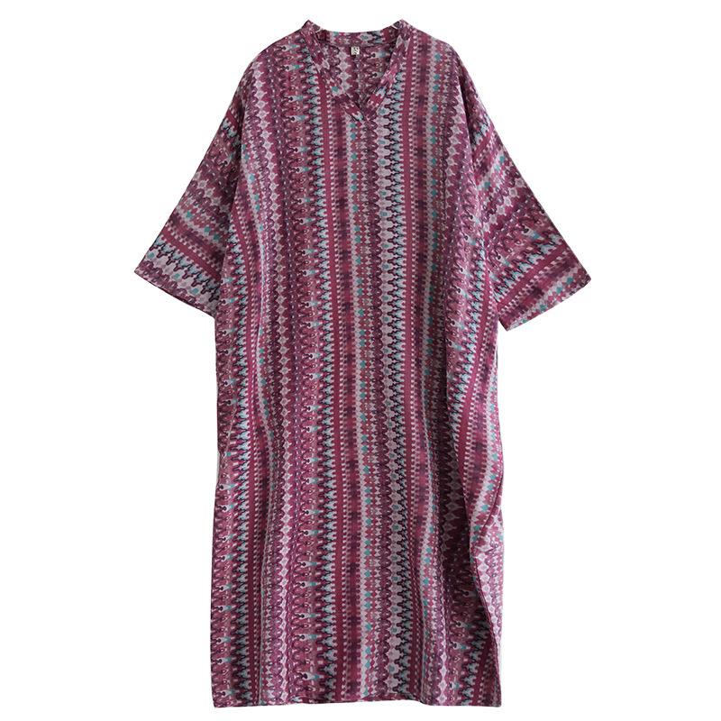 Early Spring Loose Casual Vacation Style V-neck Retro Mid Length Covered Cotton Linen Dress