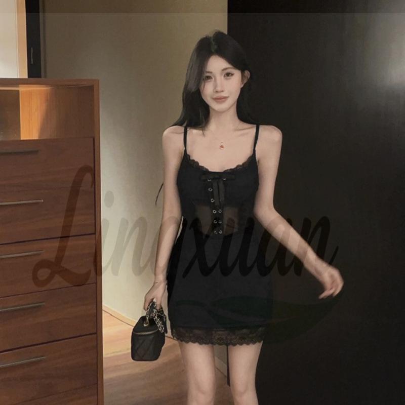 Spicy Mesh Patchwork Camisole Dress: French Sexy High-Waisted Slim Hip-Hugging Skirt Large