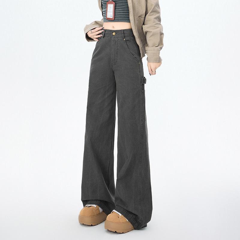 Jeans Larghi a Zampa Retro Khaki da Donna con Tasche Multiple per la Primavera